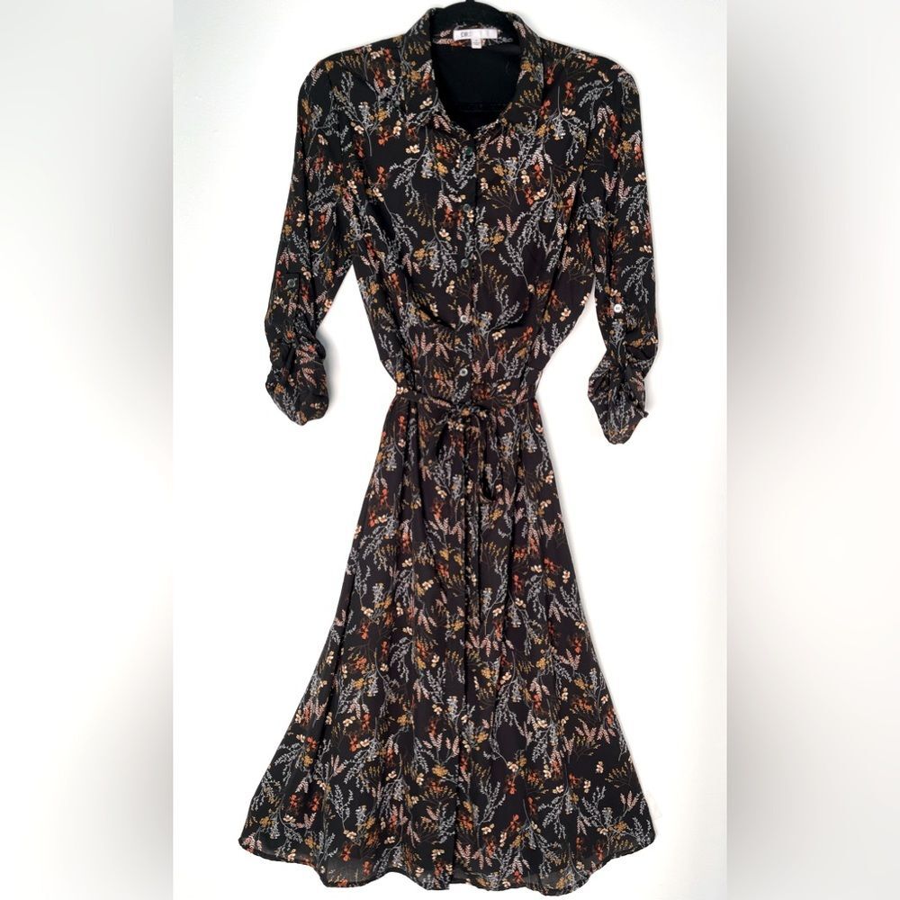 Floral Shirt Dress by DR2 - Button Down Tie Waist Roll Tab Sleeves Medium Lined